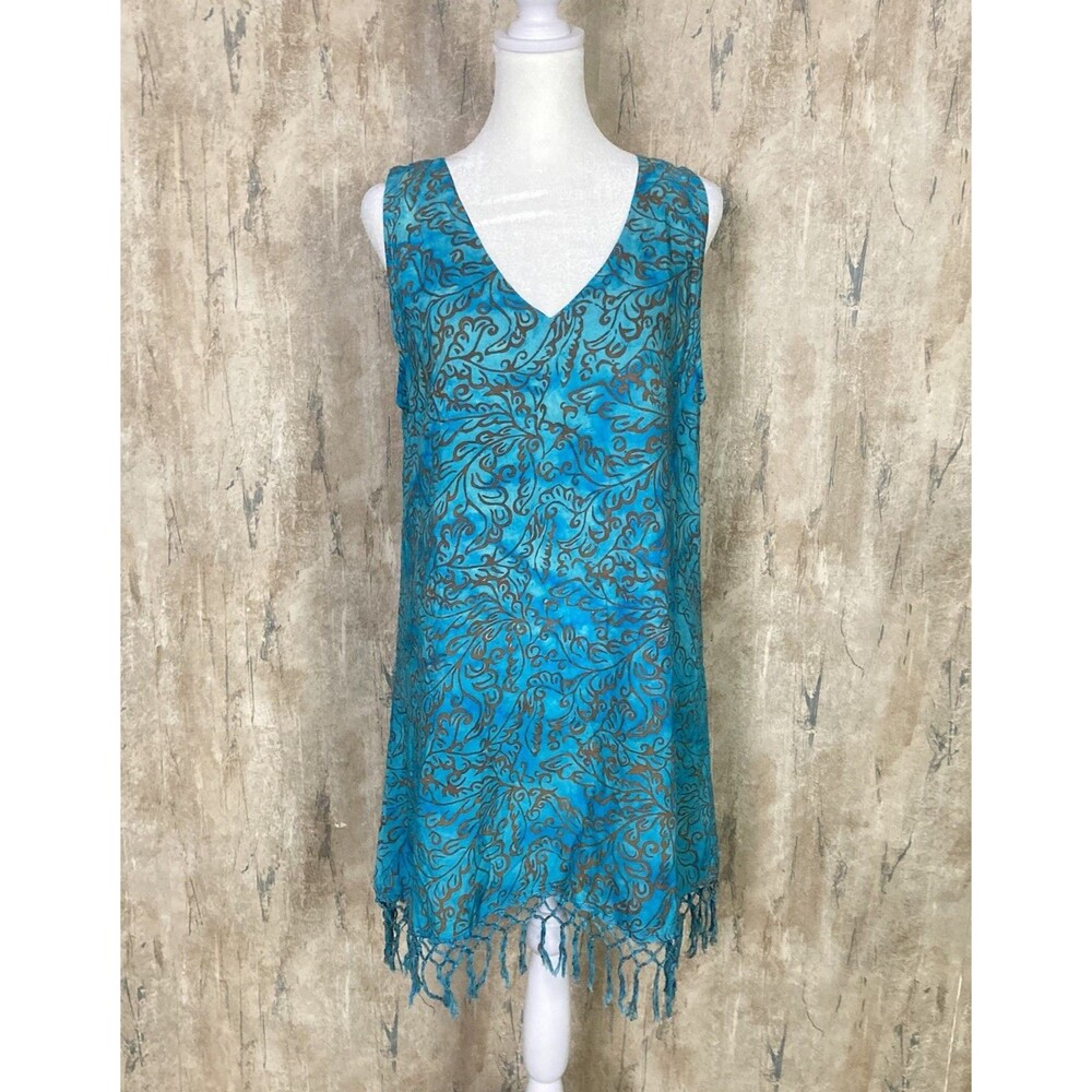 Bali Treasures Of Bali Riley Dress Small Blue Gold Fringe Beach NWT